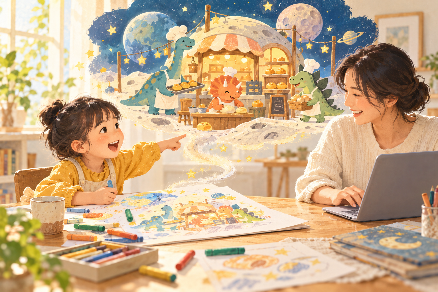 親子でアイデアを出し、恐竜の宇宙パン屋さんを想像するイラスト