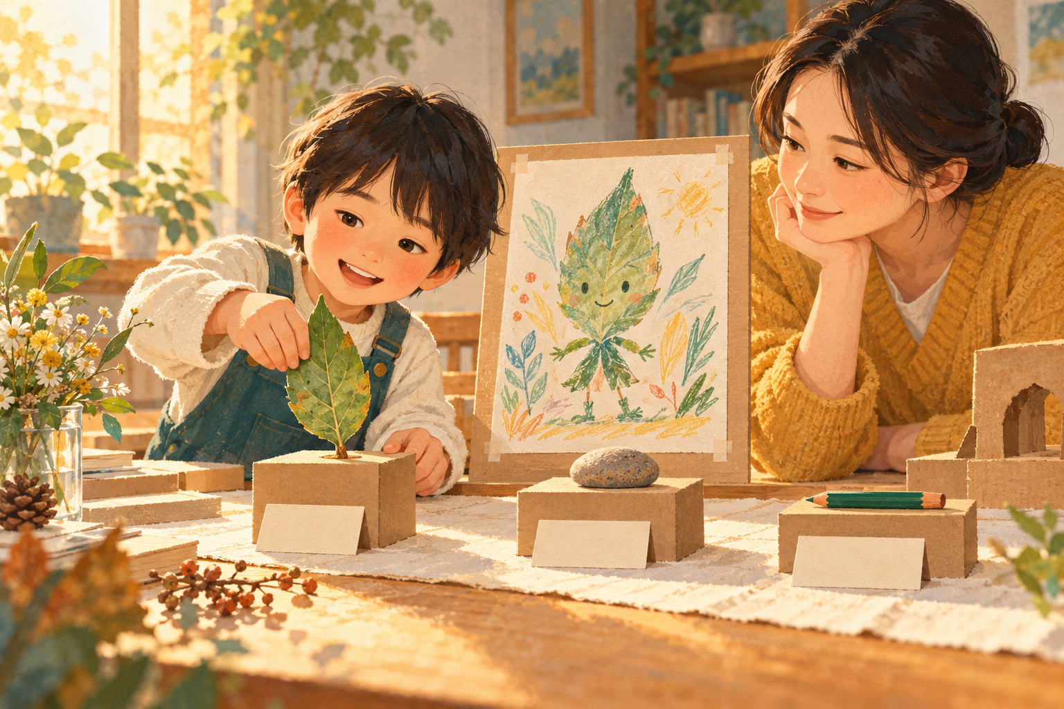 葉っぱや石、短い鉛筆を展示したおうち博物館を、親子で楽しむ挿絵